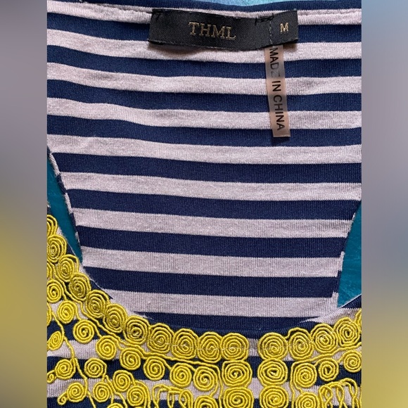 THML Anthropologie navy white striped tank top with yellow embroidery MED - Picture 7 of 7